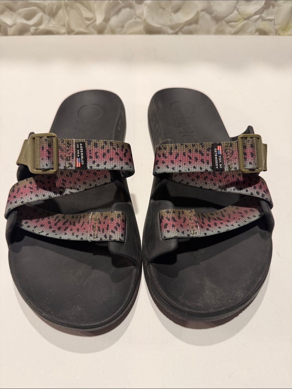 Chaco Black Slide Sandals with Pink and Green Speckled Straps